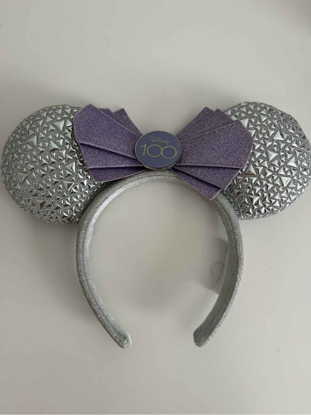 Disney Silver Minnie Ears Headband with Purple Bow and 100 Emblem